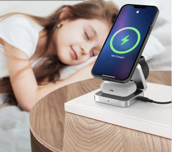 MGS T8 Portable 3 in 1 Foldable Wireless Charger Stand Dock for iPhone 15 14 Holder Magnetic Fast Charging Station for Apple Watch S9