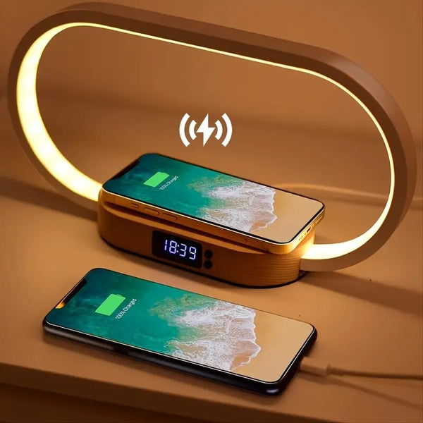 MGS T123 Multifunction wireless charger pad stand with various features such as a clock, LED desk lamp, night light, and USB port for fast charging
